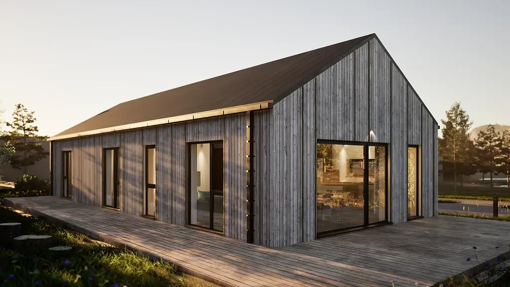 Modulpluss Sør - moderne trehus med store vinduer og utendørs terrasse, perfekt for bærekraftige boligløsninger og hyttebygging.