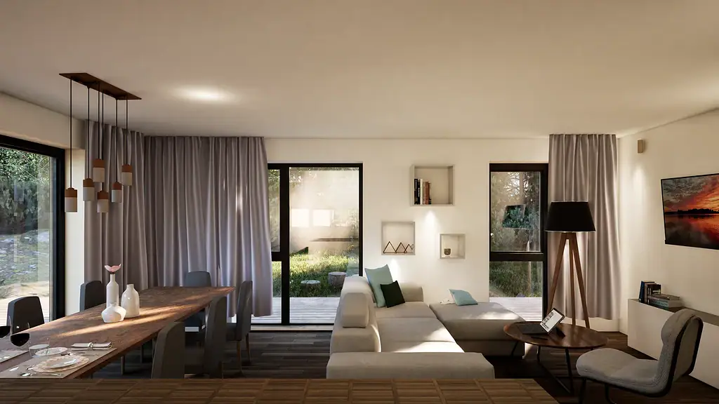 Elegant stue med store vinduer, moderne møbler og lyse gardiner, ideell for modulære bo- og utbyggingsløsninger fra Modulpluss Sør.