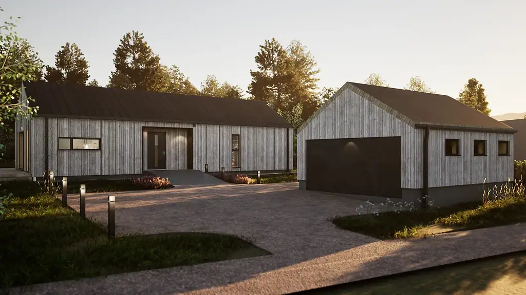 Modulpluss Sør bygg med moderne, stilrent treverk og funksjonell design i solnedgang.
