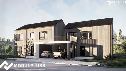 Modulpluss Sør moderne arkitektonisk bolig i tre med åpen carport og store vindusflater, ideell for miljøvennlig boligbygging i Norge.